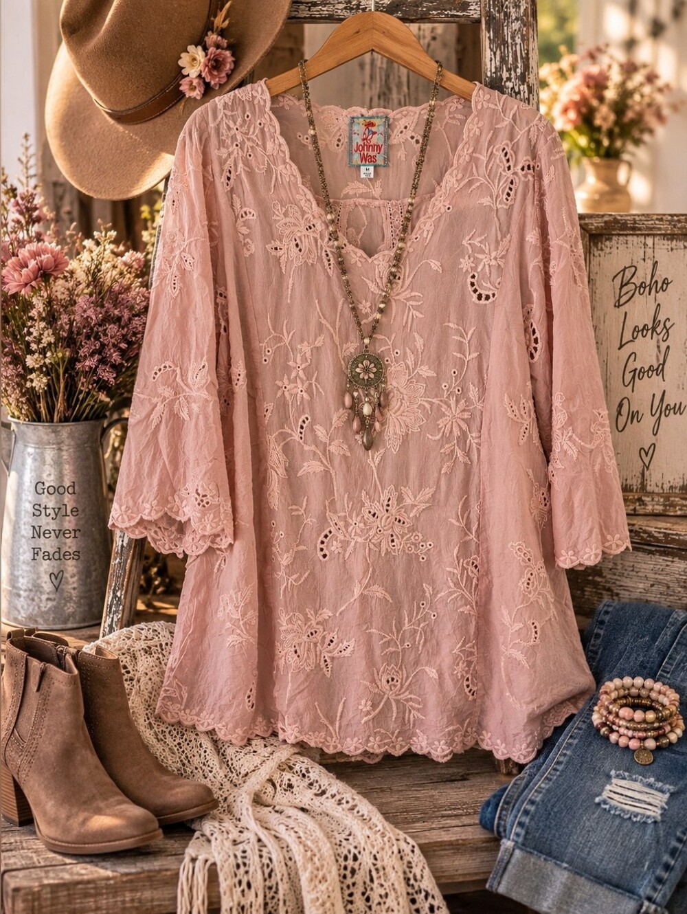 Johnny Was M Blush Pink Floral Embroidered Eyelet Boho Tunic Top